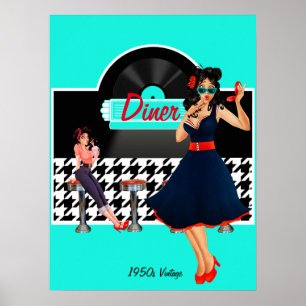 Teal black and white chequered 1950s poster