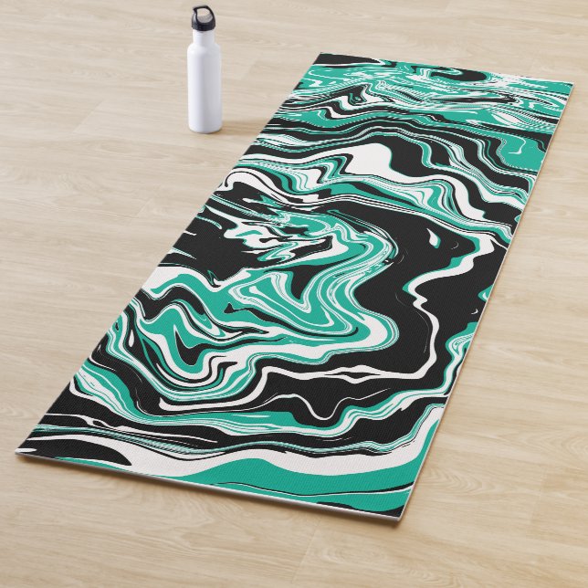 Teal, Black and White Swirls Fluid Art     Yoga Mat (In Situ)