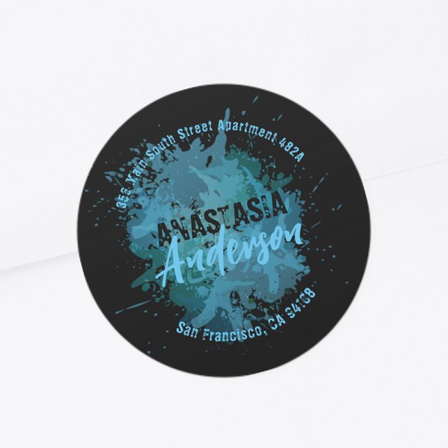Teal Black Artistic Round Return Address Label (Creator Uploaded)