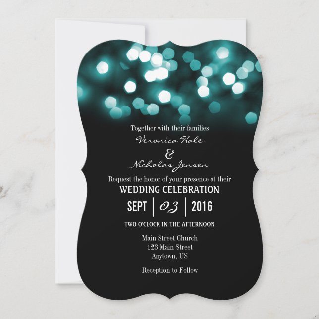 Teal Black Bokeh Glitter Lights Wedding Invites (Front)