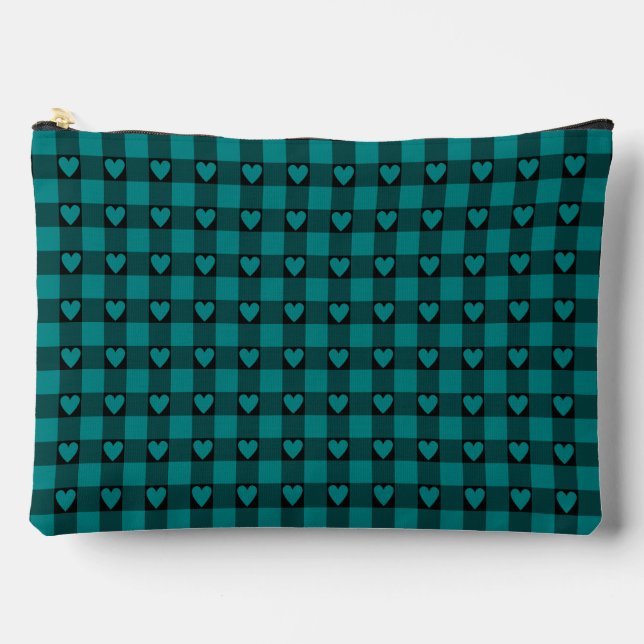 Teal Black Buffalo Heart Plaid Accessory Pouch (Front)