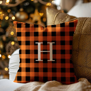 Teal Black Buffalo Plaid Monogram Holiday Cushion