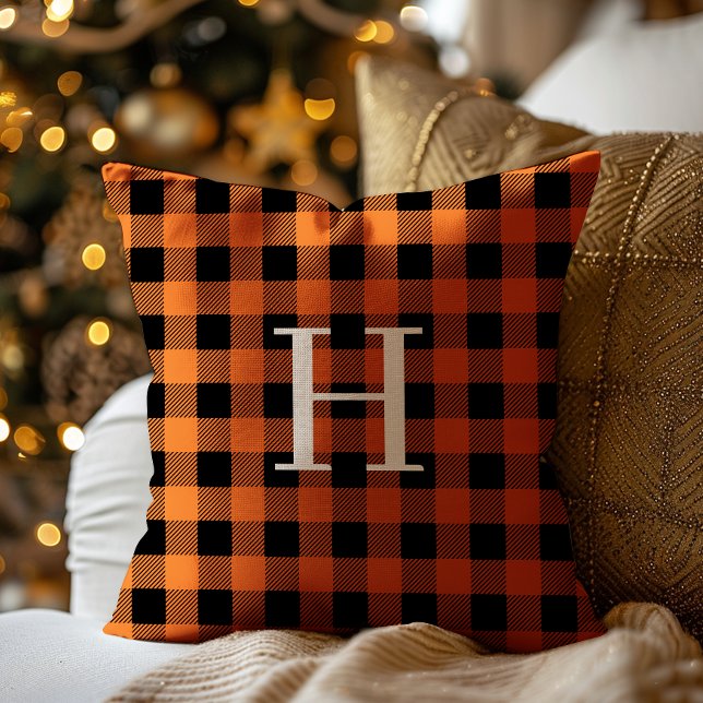 Teal Black Buffalo Plaid Monogram Holiday Cushion (Creator Uploaded)