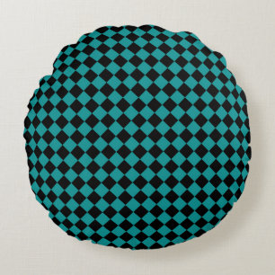 Teal Black Checker Diamond Pattern Round Cushion
