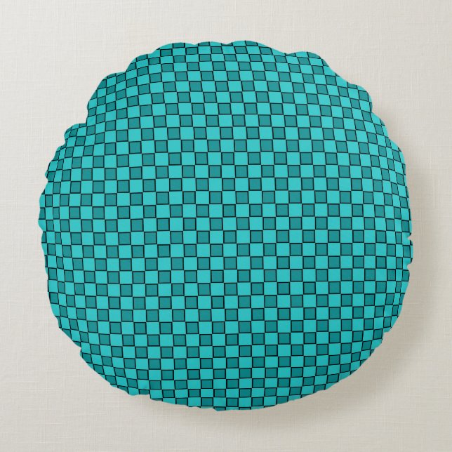 Teal Black Chequerboard Pattern Round Cushion (Front)