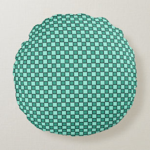 Teal Black Chequerboard Pattern Round Cushion