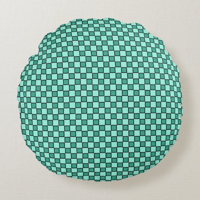 Teal Black Chequerboard Pattern Round Cushion (Front)