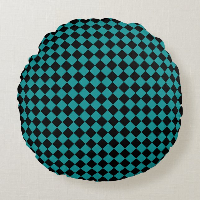 Teal Black Chequered Diamond Pattern Round Cushion (Front)