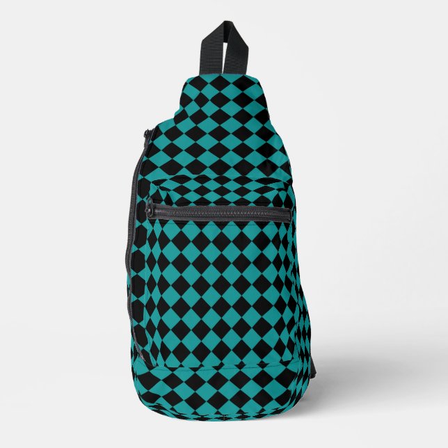 Teal Black Chequered Diamond Pattern Sling Bag (Front)