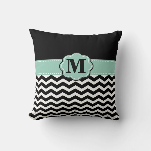 Teal Black Chevron Monogram Pillow (Front)