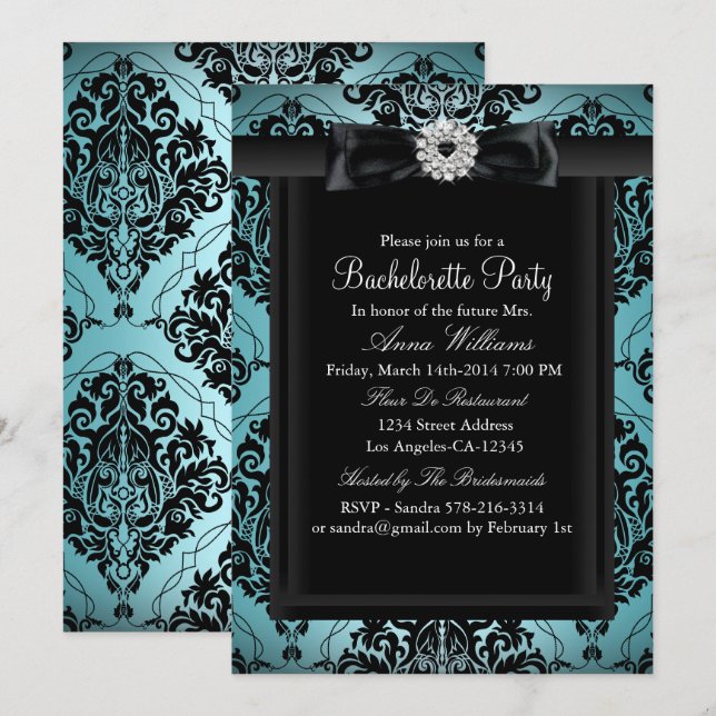 Teal & Black Chic Damask Bachelorette Party Invitation (Front/Back)
