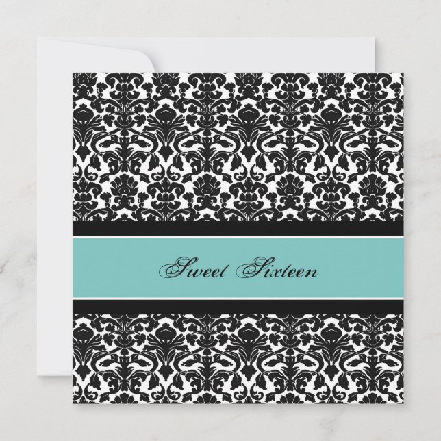 Teal Black Damask 16th Birthday Party Invitations (Front)