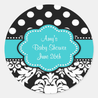 Teal Black Damask Baby Shower or Birthday Stickers