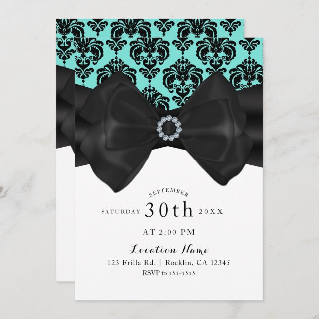Teal & Black Damask Bow Glam Chic Sweet 16 Party Invitation (Front/Back)