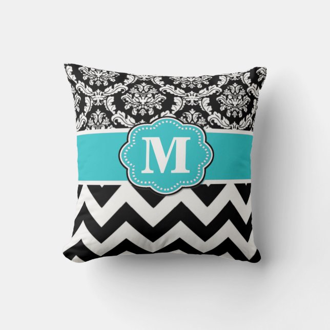 Teal Black Damask Chevron Monogram Pillow (Front)