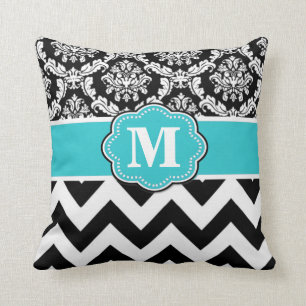 Teal Black Damask Chevron Monogram Pillow