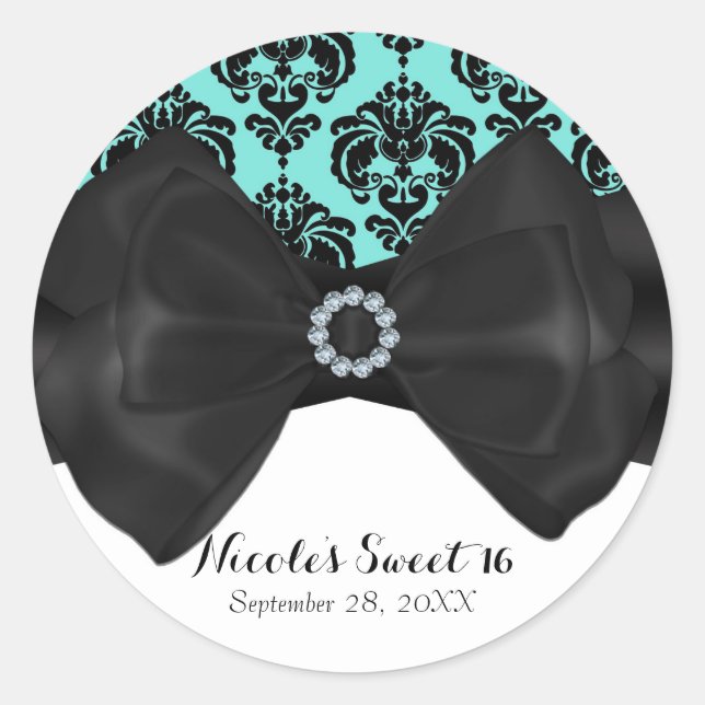 Teal & Black Damask Chic Bow Glam Sweet 16 Party Classic Round Sticker (Front)