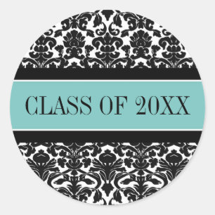 Teal Black Damask Graduation Custom Year Classic Round Sticker