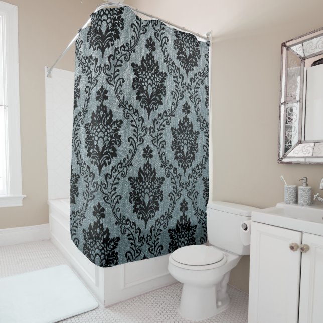 Teal black damask pattern, art nouveau pattern, vi shower curtain (In Situ)