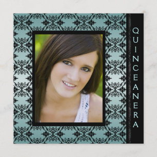 Teal Black Damask Picture Sweet 15 Quinceanera Invitation