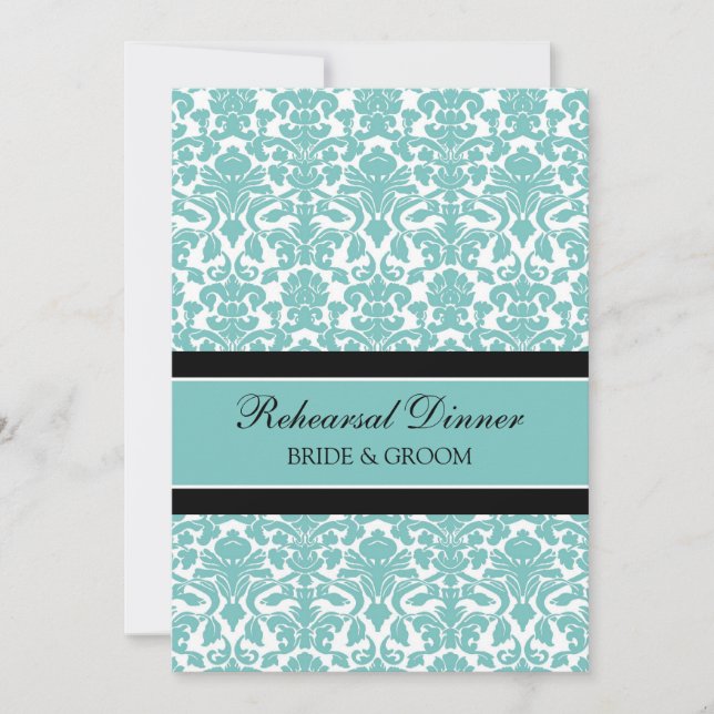 Teal Black Damask Rehearsal Dinner Party Invitation (Front)
