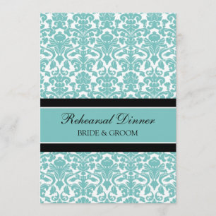 Teal Black Damask Rehearsal Dinner Party Invitation