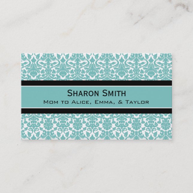 Teal Black Damask Retro Mum Calling Cards (Front)