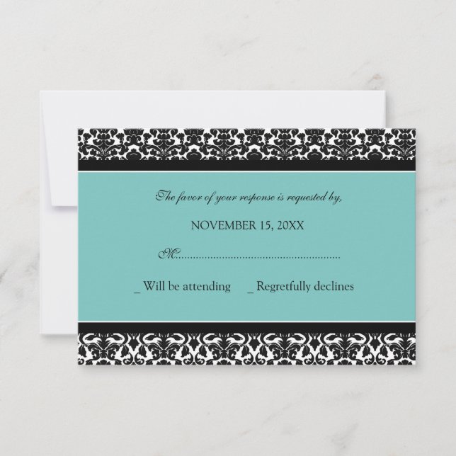 Teal Black Damask RSVP Wedding Card (Front)