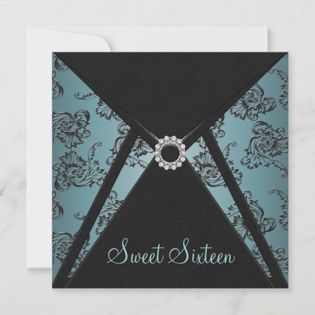 Teal Black Damask Sweet Sixteen Party Invitation (Front)