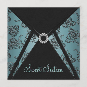 Teal Black Damask Sweet Sixteen Party Invitation
