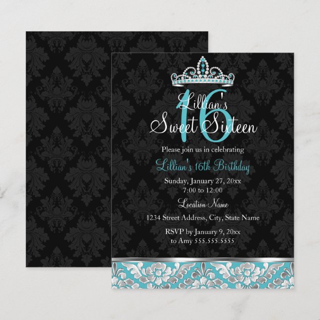 Teal Black Damask & Tiara Sweet 16 Invite (Front/Back)