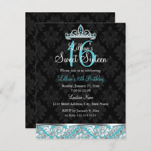Teal Black Damask & Tiara Sweet 16 Invite