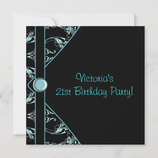 Teal Black Damask Womans 21st Birthday Party Invitation (Front)