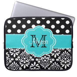 Teal Black Dots Damask Personalised Computer Case