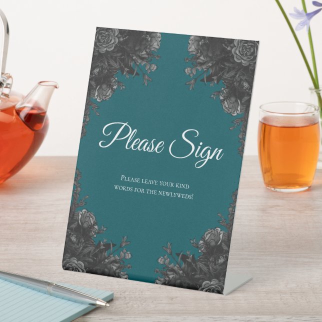 Teal Black Elegant Floral Wedding Pedestal Sign (In SItu)