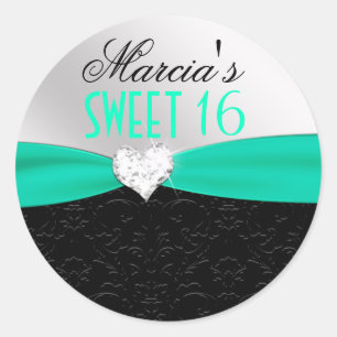 Teal Black Floral Damask Diamond Heart Seal