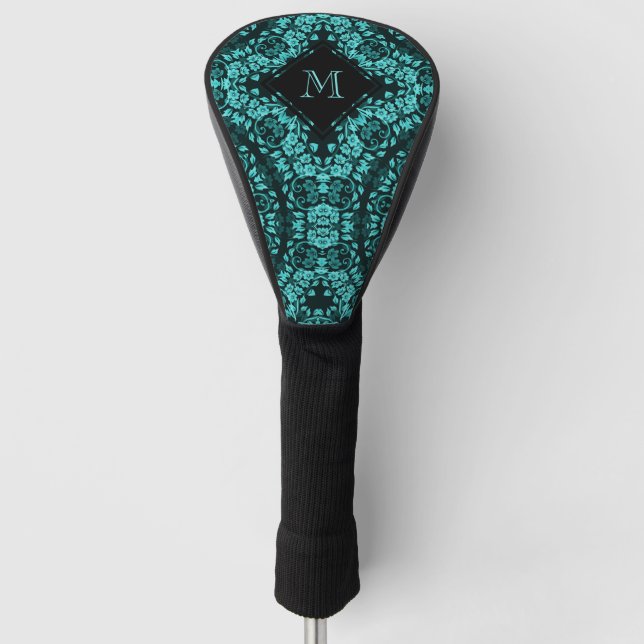 Teal Black Floral Mandala Monogram Golf Head Cover (Front)