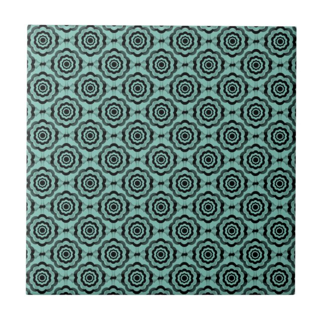 Teal Black Flower Seamless Pattern Ceramic Tile (Front)