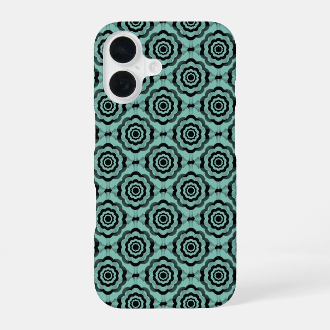 Teal Black Flower Seamless Pattern iPhone 16 Case (Back)