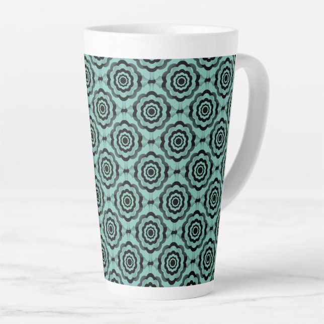 Teal Black Flower Seamless Pattern Latte Mug (Right Angle)