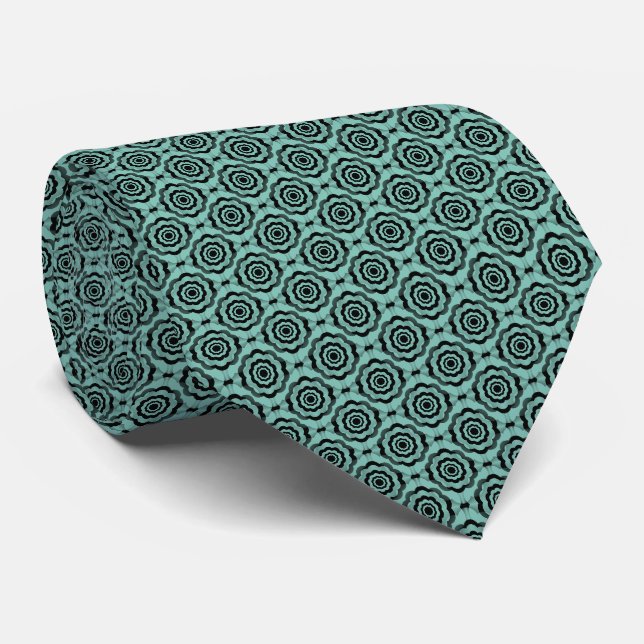 Teal Black Flower Seamless Pattern Tie (Rolled)