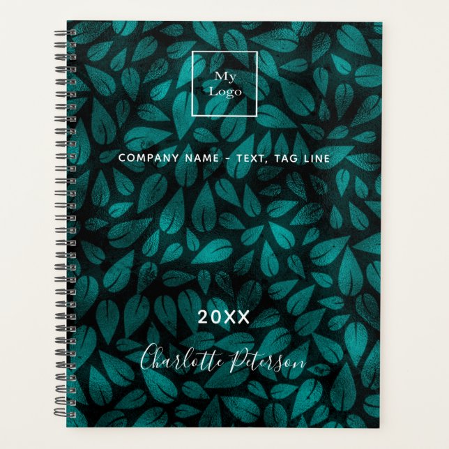 Teal black foliage leaves business logo planner (Front)