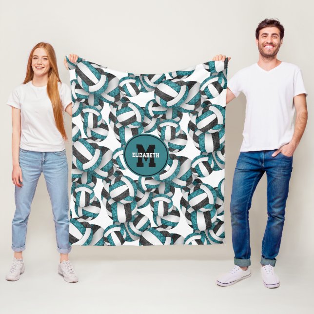 Teal black girly volleyball club colours fleece blanket (In Situ)