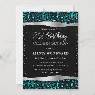 Teal & Black Glitter Leopard Spots 21st Birthday Invitation