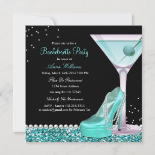 Teal Black Glitter Pearl Bachelorette Party Invite