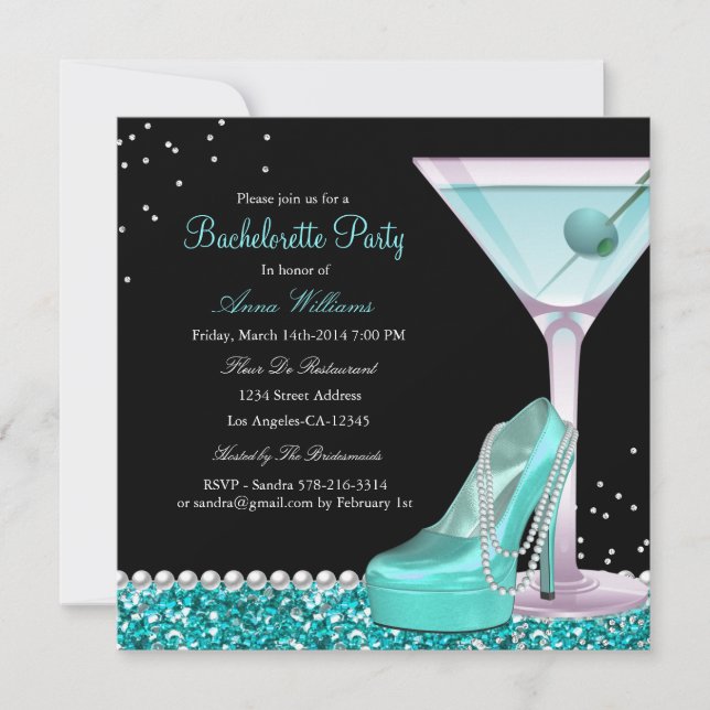 Teal Black Glitter Pearl Bachelorette Party Invite (Front)
