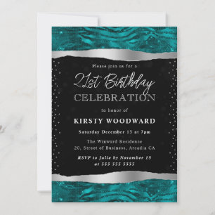 Teal & Black Glitter Tiger Stripes 21st Birthday Invitation