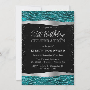 Teal & Black Glitter Tiger Stripes 21st Birthday Invitation