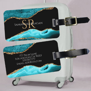 Teal Black & Gold Agate, DIY Name & Monogram Luggage Tag