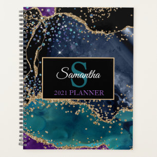 Teal Black Gold Agate Monogram Modern Luxury Planner